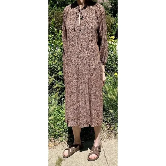 VICI Tiered Midi Dress Size Medium Tan/Black Leopard/Cheetah Print Tie Front - Picture 1 of 16